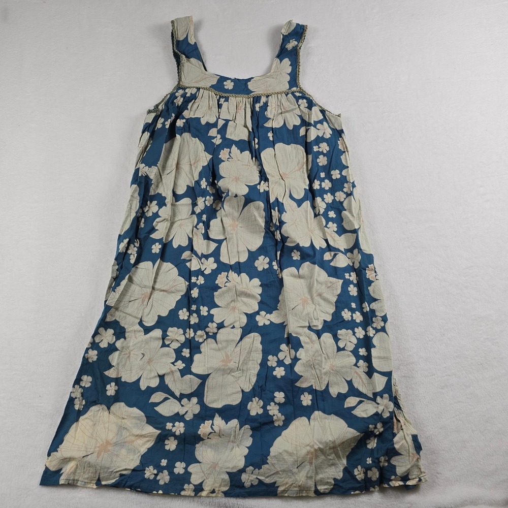 Geeta India Blue Floral Cotton Sleeveless Womens Shift Dress Small Hibiscus Boho